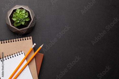 Office desk with supplies and potted plant