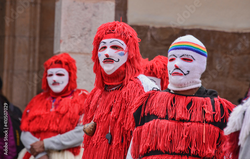 Man on a mask, participants at the wild Virgen del Carmen Festival, held in Pisac and Paucartambo, Peru