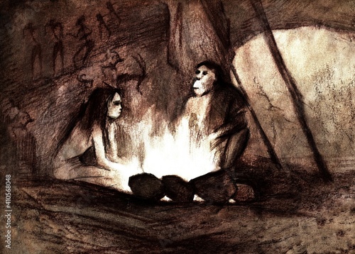 prehistoric people in a cave near the fire, Australopithecus, Neanderthals 