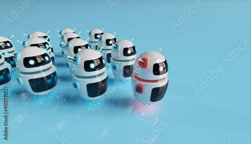 Red chatbot robot leading white robots on blue background 3D rendering