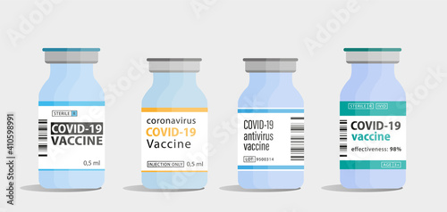 Different types of covid vaccine vial bottles. Stop pandemic, health care, immunization, vaccination concept. Covid-19 prevention therapy for adult and children. Colorful flat vector illustration.