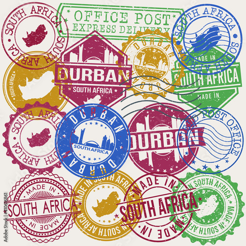 Durban South Africa Set of Stamps. Travel Stamp. Made In Product. Design Seals Old Style Insignia.