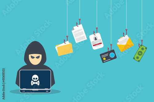 Hacker with laptop computer stealing confidential data, personal information and credit card detail. Hacking concept.