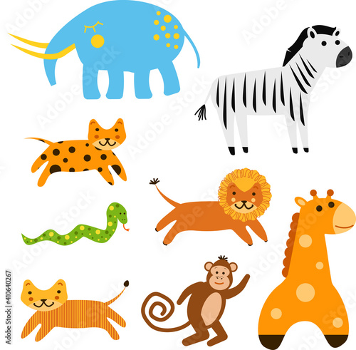 Vector hand drawn colored childish simple set with cute wild African animals in cartoon style isolated on white background. Elephant, zebra, leopard, lion, tiger, snake, monkey, giraffe.