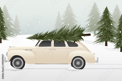 A vintage car with a Christmas tree on top 