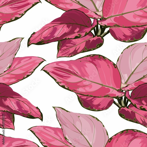 Tropical vintage red Aglaonema modestum Schott palant with leaves floral seamless pattern on white background. Exotic jungle wallpaper.