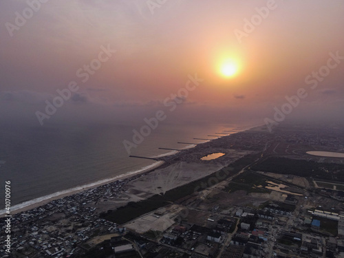 An aerial image of the Lekki sea shore at sunset