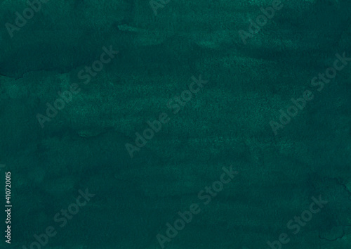 Watercolor deep teal green background painting. Liquid emerald color old backdrop. Stains on paper