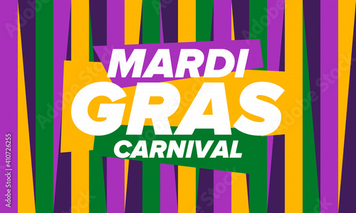 Mardi Gras Carnival in New Orleans. Fat Tuesday. Traditional holiday, celebration annual. Folk festival, costume masquerade, fun party. Carnival mask. Poster, card, banner and background. Vector