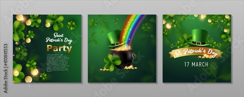 St. Patrick's Day set of flyers brochures, invitation to a holiday, corporate holiday. a leprechaun hat, a shamrock, a pot of gold coins, a rainbow, on a dark green background. Vector illustration.
