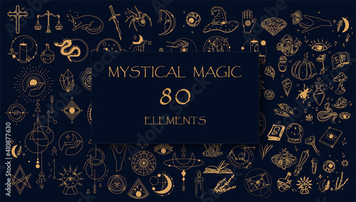Witch Magic, Mystical and Astrology objects symbols. Doodle esoteric, boho mystical hand drawn elements. Magic and witchcraft, witch esoteric alchemy. Tattoo alchemy and esoteric. Minimalistic objects