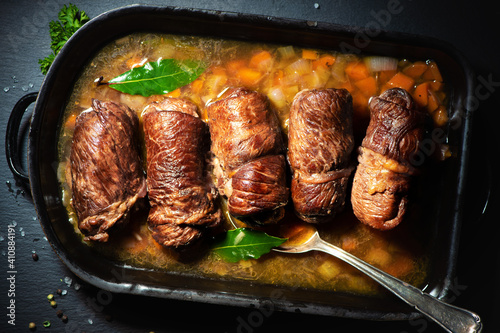 Traditional german meal of beef roulades in roast pot
