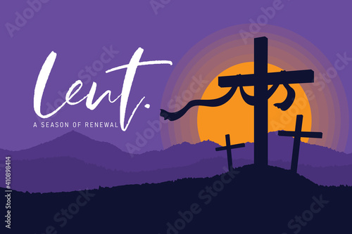 Lent, a season of renewal banner with crucifix on the hill in sunset and purple sky vector design