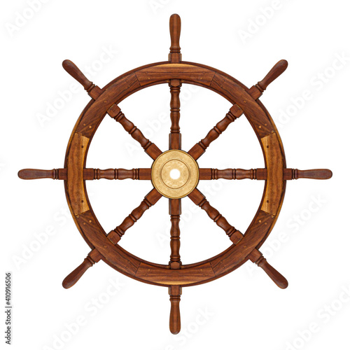 Wooden steering wheel ship isolated on white with clipping 