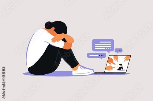 Cyber bullying. Depressed woman sitting on the floor. Opinion and the pressure of society. Shame. Vector flat