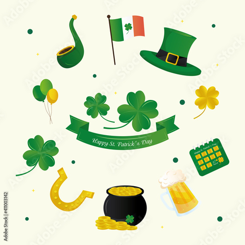saint patricks day lettering in ribbon and set icons around vector illustration design