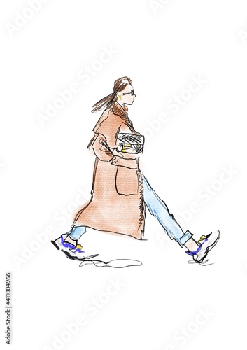 Hand-drawn abstract fashion illustration sketch of a silhouette of walking imaginary girl in a street look : cashmere coat, jeans, sneakers, holding bag, in sunglasses, on white background