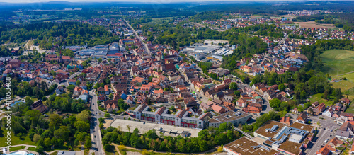 Aerial view of old town of the city Roth in Germany, Bavaria on a spring noon. 