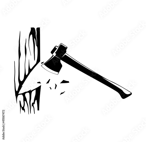 illustration of chopping wood with an ax vector with black and white.