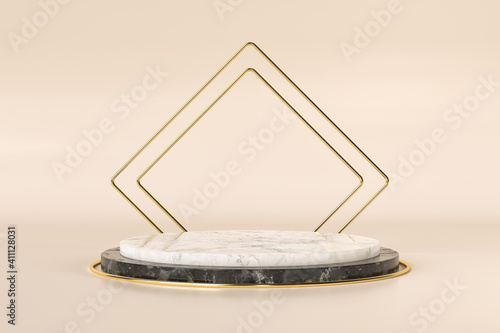 Product stand vintage style made of marble and a gold rhombus shape. Set sail champagne and fortuna gold 2021 trendy colors. 3d render illustration.