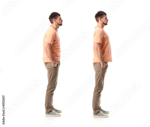 Man with bad and proper posture on white background