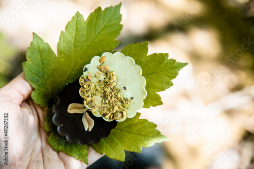 Two chocolate pralines dark and matcha chocolate held in hand on a leaf outside in nature 