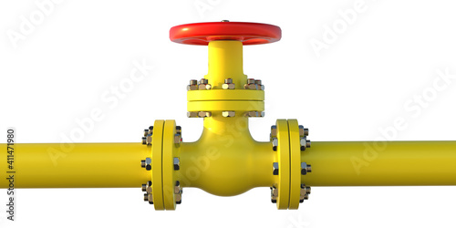 Industrial pipeline yellow color and red valve wheel isolated against white background. 3d illustration