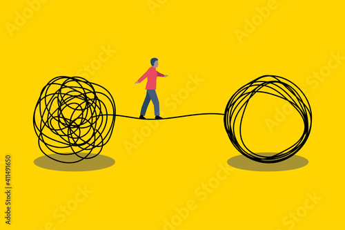 Solution problem concept. Man walking on tightrope