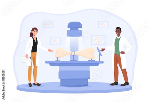 Young cheerful scientists working in palaeontology genetics laboratory. Male and female paleontologists examining bones and studying dinosaurs skeleton anatomy. Flat cartoon vector illustration