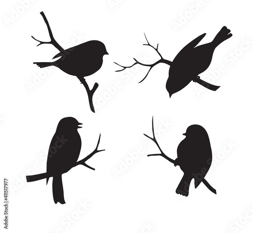 Set of forest bird sitting on twig silhouette. Collection of decorative bird icon. Vector stock illustration. 