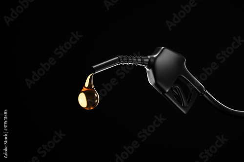 Black gasoline injector fueling oil or pure fuel on dark background. 3D rendering.