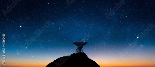 Landscape with signal receiving radio telescope in starry night sky - 3d Illustration