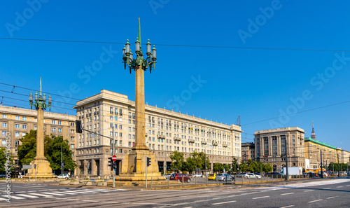 Panoramic view of Plac Konstytucji Constitution square with communist architecture of MDM quarter in Srodmiescie downtown district of Warsaw, Poland