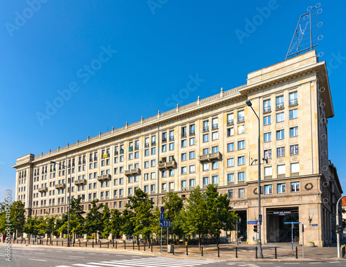 Plac Konstytucji 5 classic communist 50s building of MDM quarter at Constitution square in Srodmiescie downtown district of Warsaw, Poland