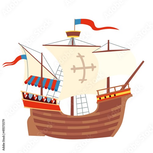 Spanish caravel. Old sailing ship. Vector graphics. Isolate