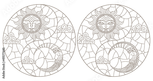 A set of contour illustrations in a stained glass style with the sun and moon, dark outlines on a white background
