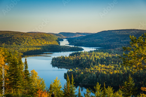 View on the Wapizagonke lake at sunset on a fall day from a belvedere in the Mauricie National Park (Quebec, Canada)