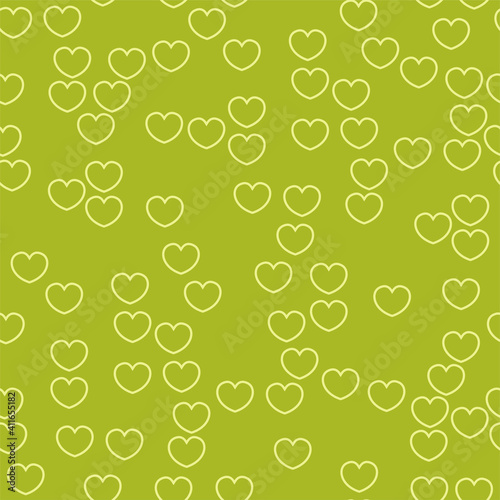 Endless seamless pattern of hearts of different colors. Light vector hearts on green. Wallpaper for wrapping paper. Background for Valentine's Day
