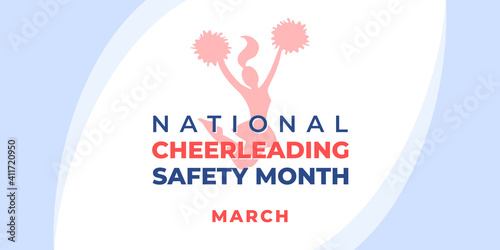 National Cheerleading Safety Month.Vector banner, poster, flyer, greeting card for social media. Silhouette of a bouncing cheerleader girl with pompoms and text.