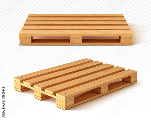 Wooden pallet front and angle view. Wood trays for cargo loading and transportation. Freight delivery, warehousing service equipment isolated on transparent background Realistic 3d vector illustration