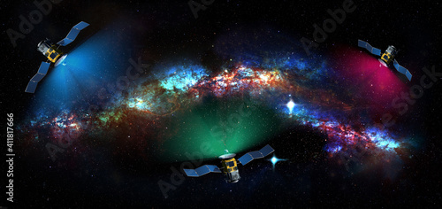 Satellites exploring the deep space and galaxies in the universe - 3d illustration