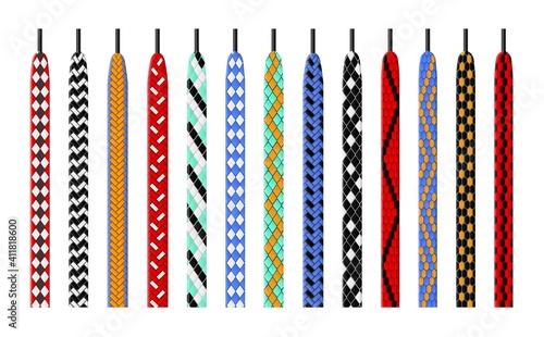 Patterned shoelace. Combined color options ties, shoes ropes with colorful patterns, variegated weaves lacing, footwear textile binding elements. Kids accessories for boots vector set