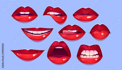 Female red lips, sexy woman mouth with smile, kiss, bite, teeth and tongue. Vector cartoon collection of sensual mouth with glamour makeup by lipstick or gloss isolated on skin color background