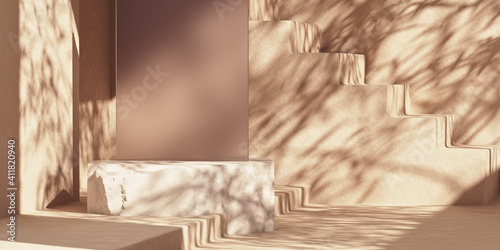 Abstract cosmetic background with stone podium for product advertising. Stone platform and dark glass with sunshade leaf shadow on the beige wall. 3d render illustration.