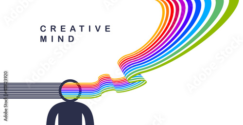 Creative mind brain vector concept in flat trendy design style, colorful rainbow stripes goes out of man head symbolizes creative ideas and thinking, artist designer or writer author.