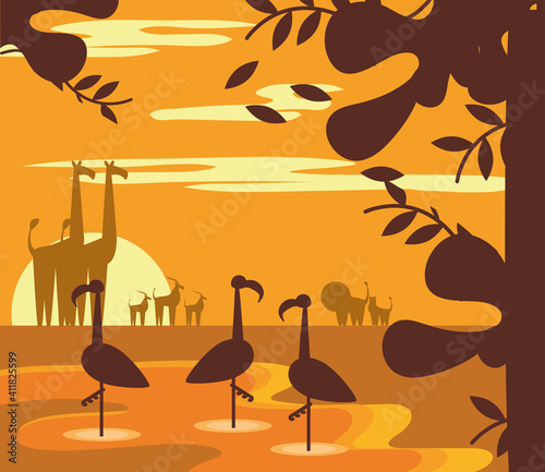 animals jungle sunset landscape cartoon in silhouette