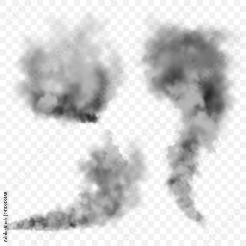 Realistic black smoke clouds. Stream of smoke from burning objects. Transparent fog effect. Vector design element.