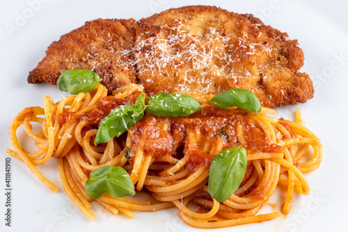 spaghetti with tomato sauce and pork milanese cutlet