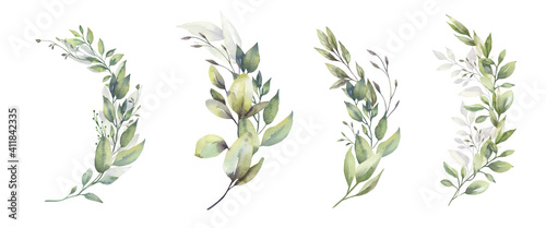 Watercolor floral illustration set - green leaf branches bouquets collection, for wedding stationary, greetings, wallpapers, fashion, background. Eucalyptus, olive, green leaves, etc. High quality