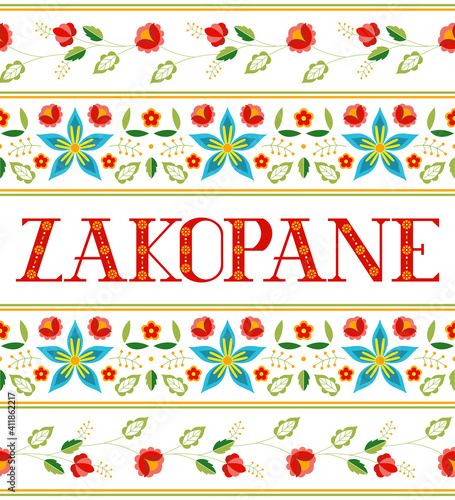 Zakopane, Poland illustration vector. Red and white background with traditional floral pattern from polish embroidery ornament for travel banner, tourist postcard, souvenir card design.